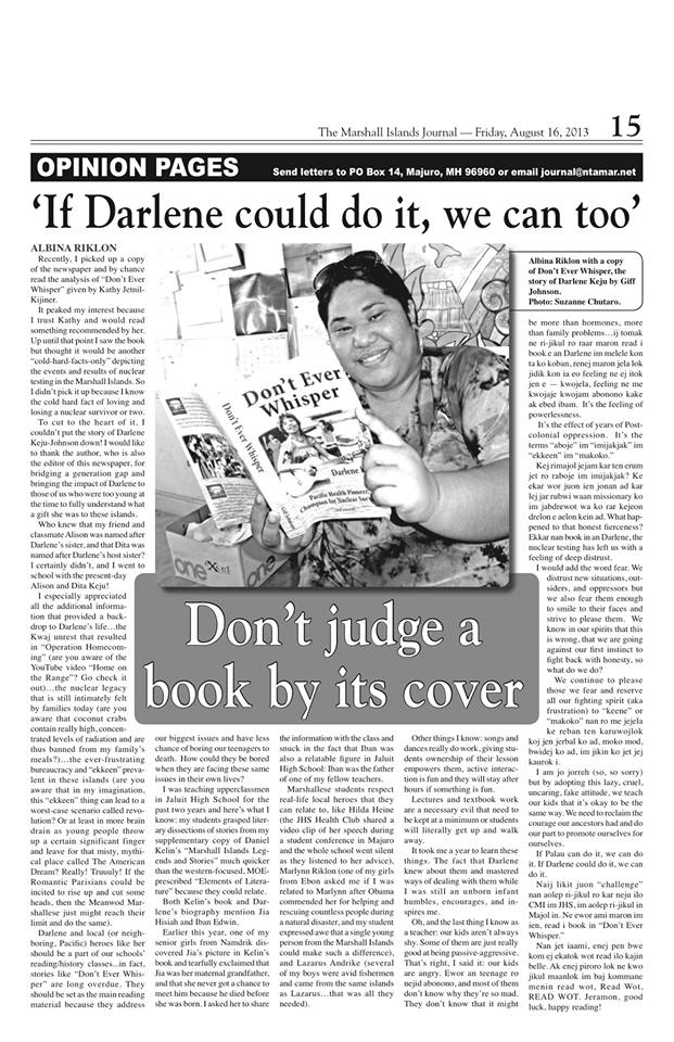 Albina Riklon's thought provoking review of Giff Johnson's "Don't Ever Whisper" printed in the Marshall Islands Journal